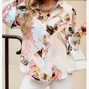 Graphic Shirt Women’s Size S French Scene Button Multicolor Colorful Pop Art